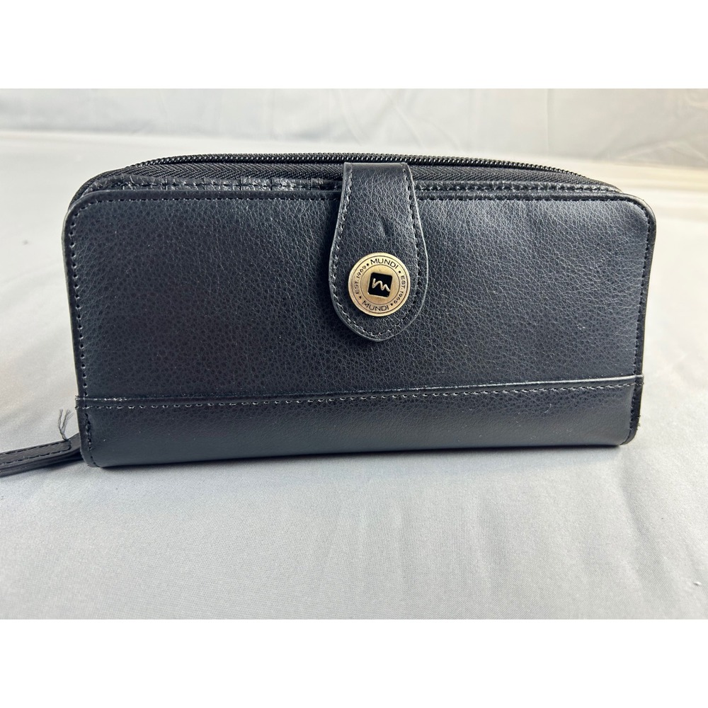 Mundi Black Pebbled Faux Leather‎ Zip Around Wallet Organizer Snap Closure